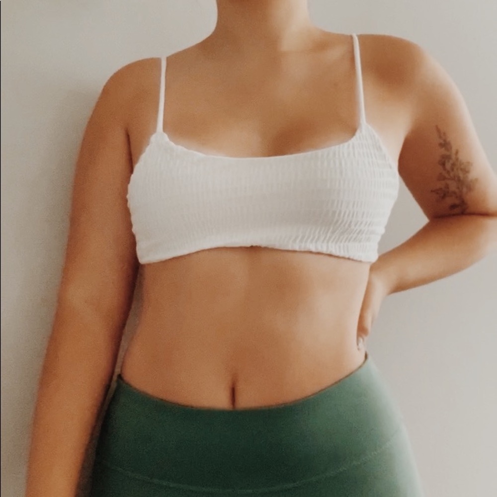 white scrunched bikini top
